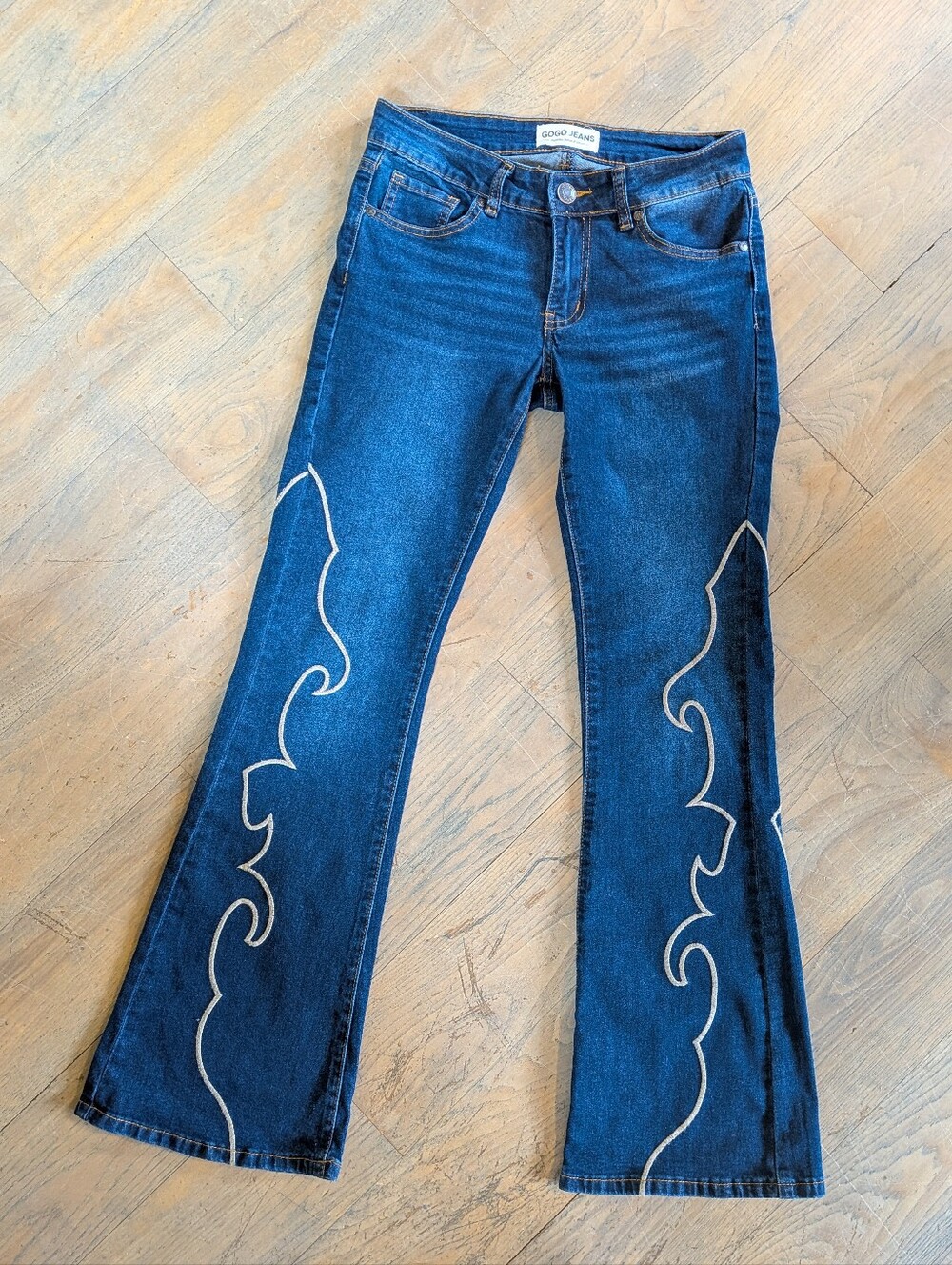 Gogo Jeans Dark Wash Boot Cut Western Embroidered Pattern Jeans
